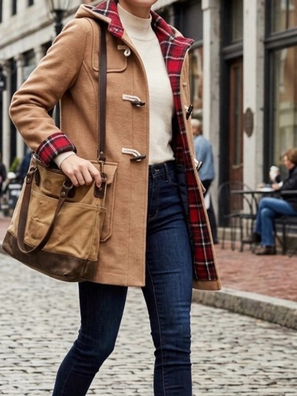 Thread & Supply Camel Toggle Coat with Red Plaid Lining